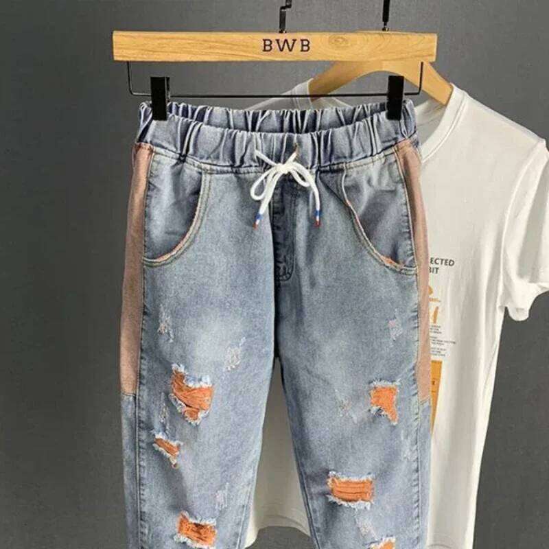 Men's Jeans Broken Cropped Trousers with Holes Man Cowboy Pants Ripped Harem Torn Spring Autumn Summer Stacked Plus Size Washed