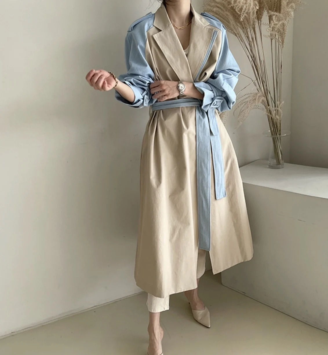 SuperAen French n Patchwork Fashion Long Windbreaker Jacket Turn Down Collar Full A Line Belt Trench Coat for Women 250809