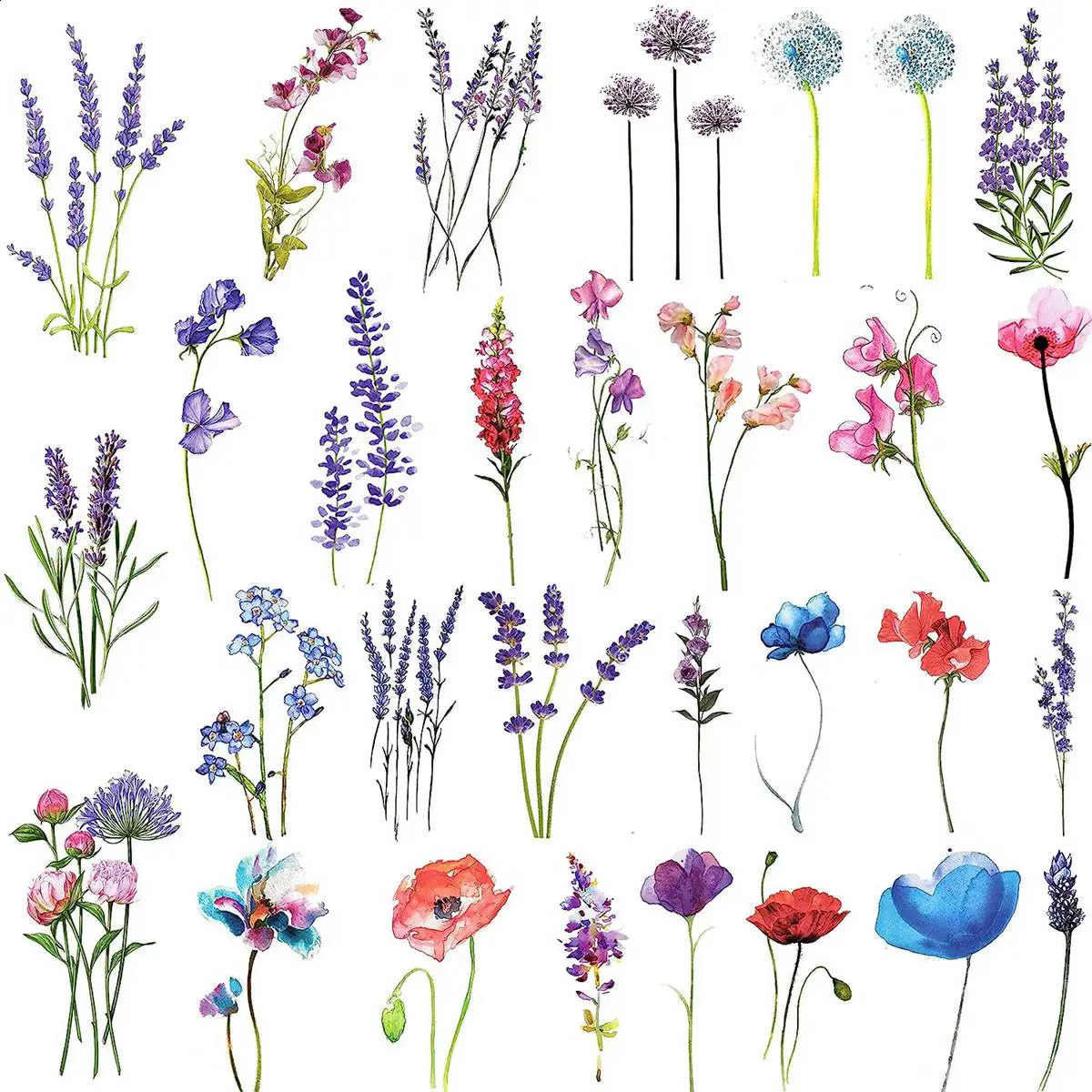 COKTAK 12Pieces Watercolor Lavender Flower Temporary Tattoos For Women Body Art Arm Flora Adults Tattoo Sticker Girls Tatoo 250809