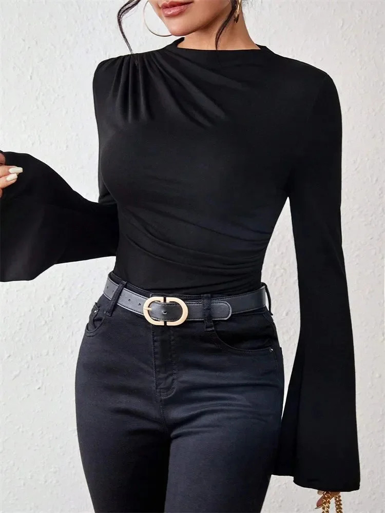 Women Flare Long Sleeve Pleated Mock Neck Blouse Top Autumn Winter Solid Color Ruched Tee Shirt streetwear 250811