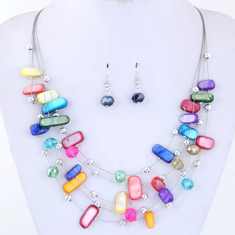 Multi-layered colorful thick crystal necklace Bohemian style set