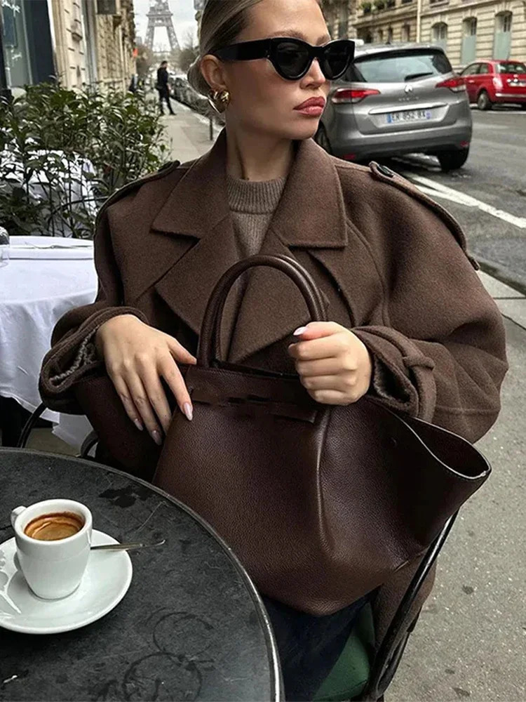 Fashion Womens Solid Double Breasted Wool Coat Lapel Short Blazer Jacket Pockets Long Sleeve Chic Spring Autumn Warm Outerwear 250809