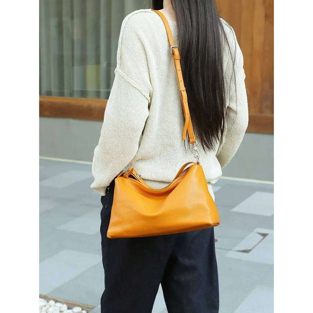 2025 New Simple Yellow Green Color Soft Tote 100% Natural Cow Leather Women Handbag Good Shape Female Shoulder Bag