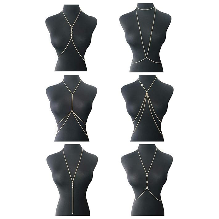 6Pcs Sexy Body Chain Belly Waist Chain Necklace Summer Beach Bikini Bra Body Jewelry for Women Gold Tone