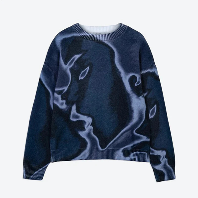 Male Harajuku Knitwear Street Y2k Tie Dye O Neck Knitted Pullover Mens Trendy Contrast Long Sleeve Sweater Jumper Unisex 250805