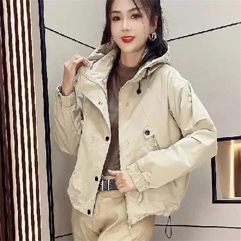 Female Jacket Spring Autumn Style Hooded Trench Coat Zipper Korean Fan Loose Tooling Windbreaker Outerwear Womens Tops 250809