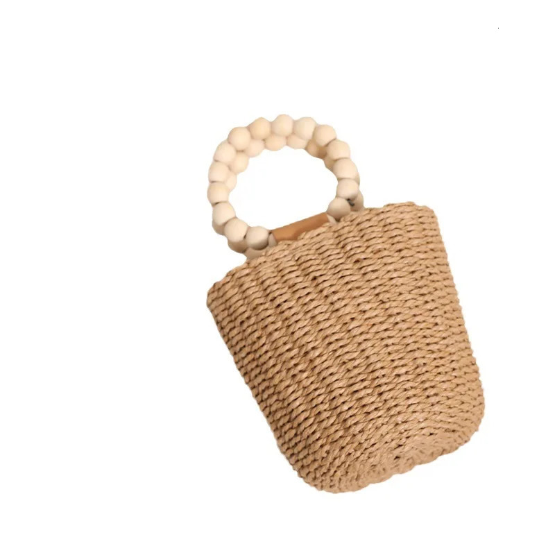 Fashion Wooden Beading Women Handbags Paper Woven Hand Bags Casual Summer Beach Bucket Bag Bali Small Tote Female Purses 250811