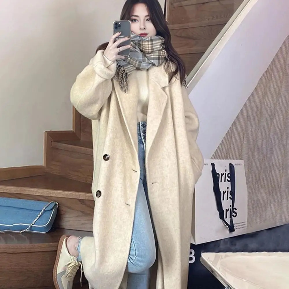 Stylish Longsleeve Jacket for Women Womens Woolen Lapel Soft Oversized Coat with Front Autumn Layering 250809