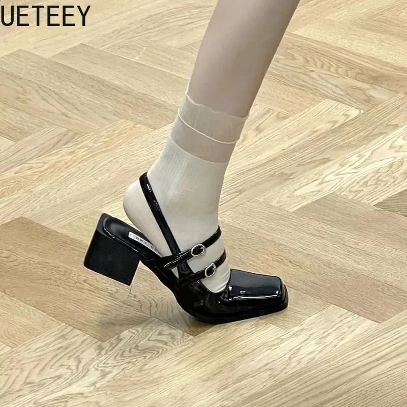 Retro Style Summer Thick Heel Women Sandals Fashion Square Toe Singbacks Shoes Ladies Elegant Party Dress Sandalias 250809