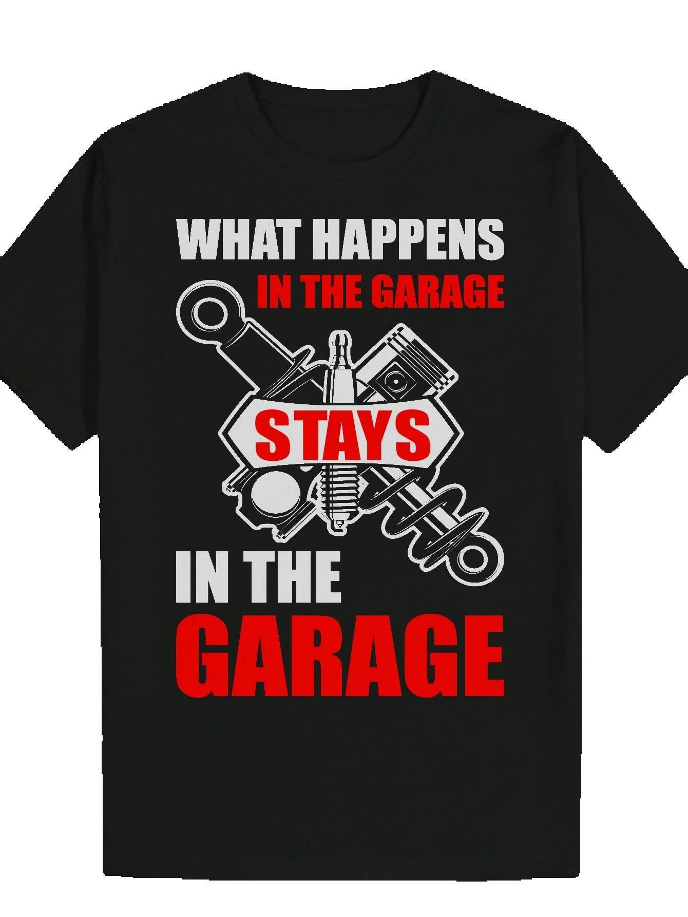 Men's Summer Casual Graphic - Black Theme "What Happened in the Garage" Slogan and Tool Design, 100% Polyester, Machine Washable, Suita