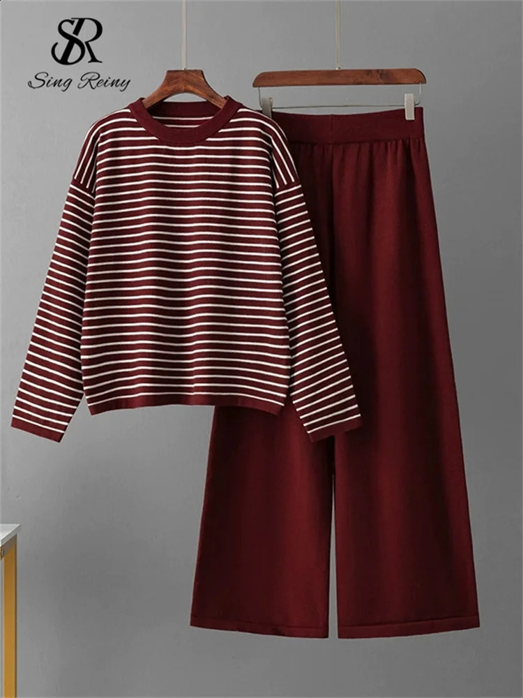 SINGREINY Fashion Loose Sweater Suits Female Full Sleeve Stripe TopsHigh Waist Long Pants Winter Korean Knitted Sets 250806