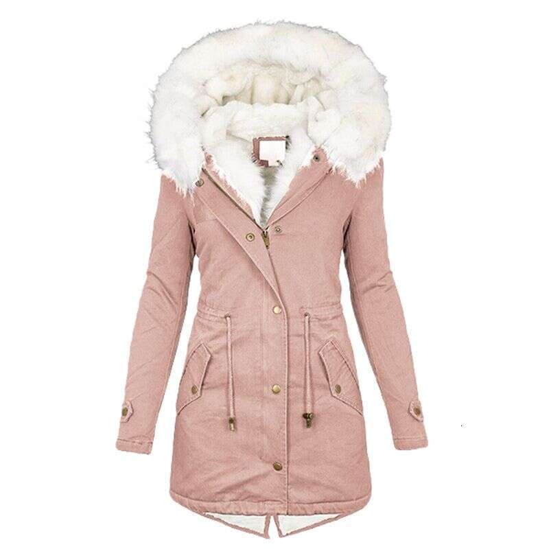 Women's cotton jacket with hooded leather collar, waist circumference, and thickened mid length