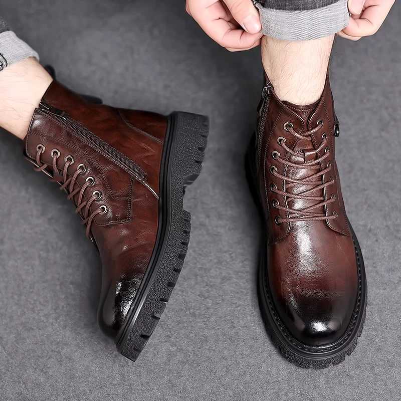 Luxury Brand Men Genuine Leather Stylish Ankle Boots Winter Classic Lace-up Anti-Slip Thick Bottom Boots Men Casual Leather Shoes W250811