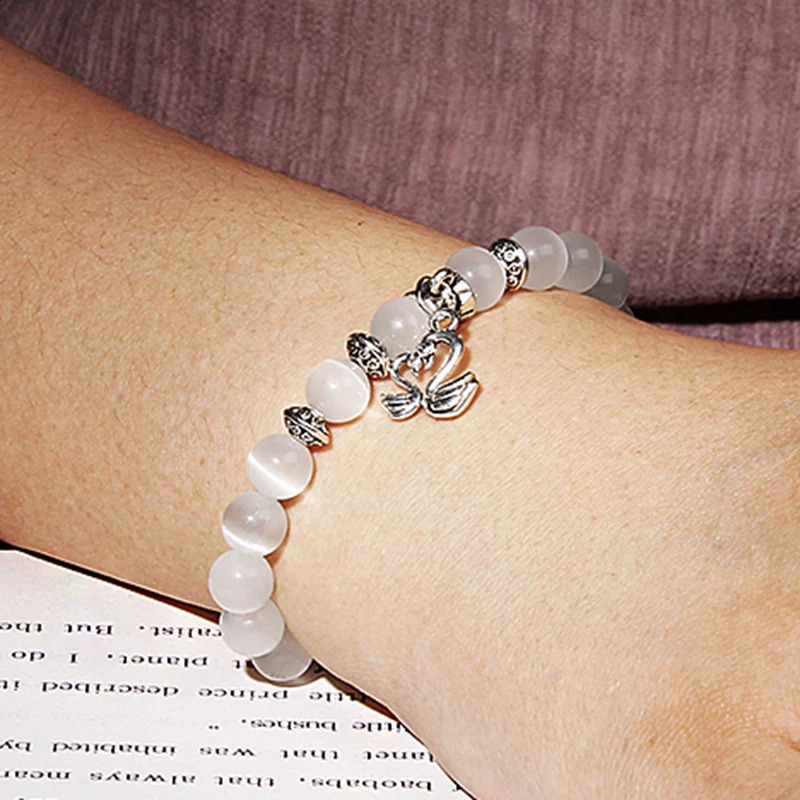 8mm white Cat Eye stone Beads Bracelet with Lucky dragonfly Dog claw butterfly Pendant Charms Strand Bracelets For Women female 250805