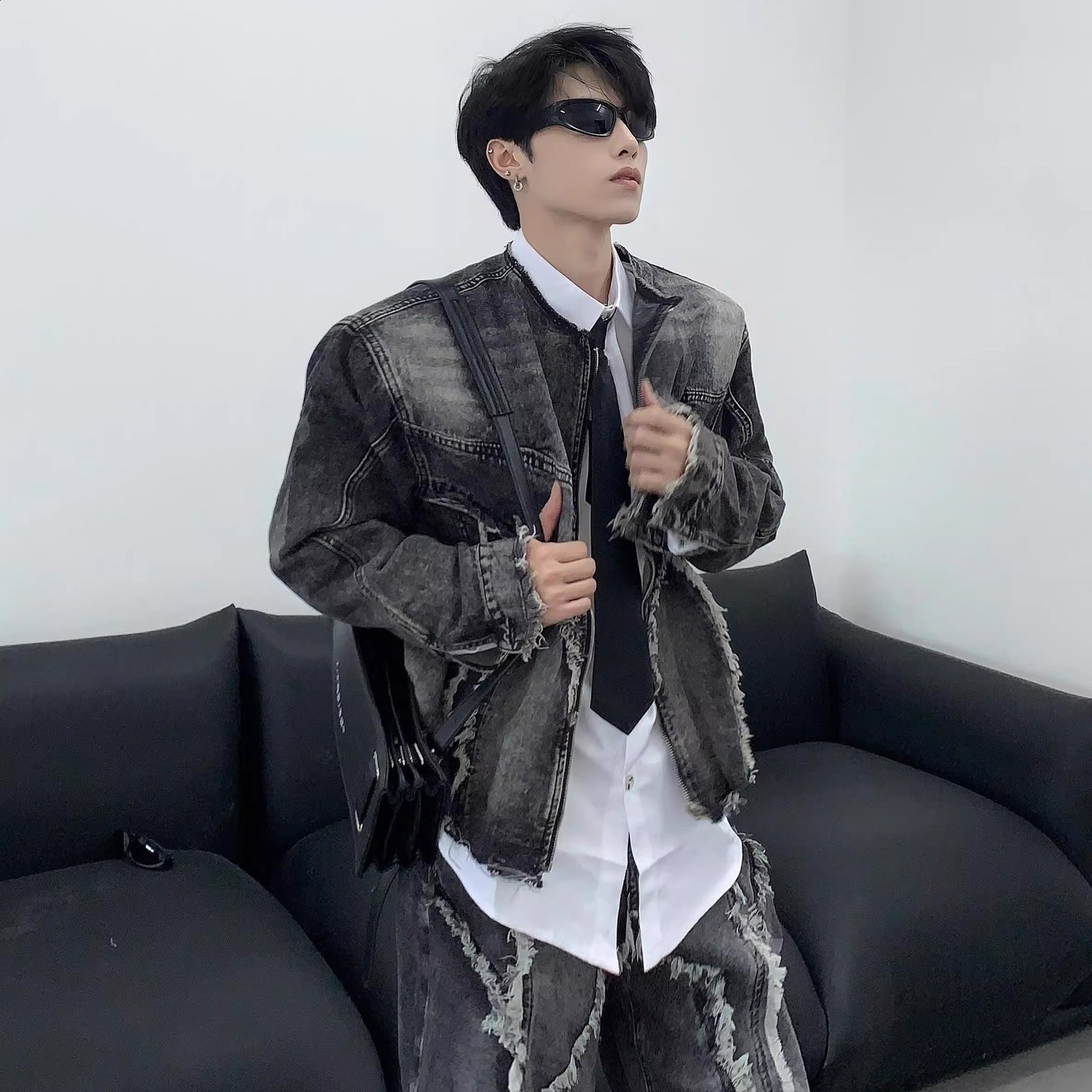 Streetwear Mens Clothing Harajuku Punk Striped Embroidered Denim Jacket Coat Goth Black Straight Pockets Skull Graphic Trousers 250221