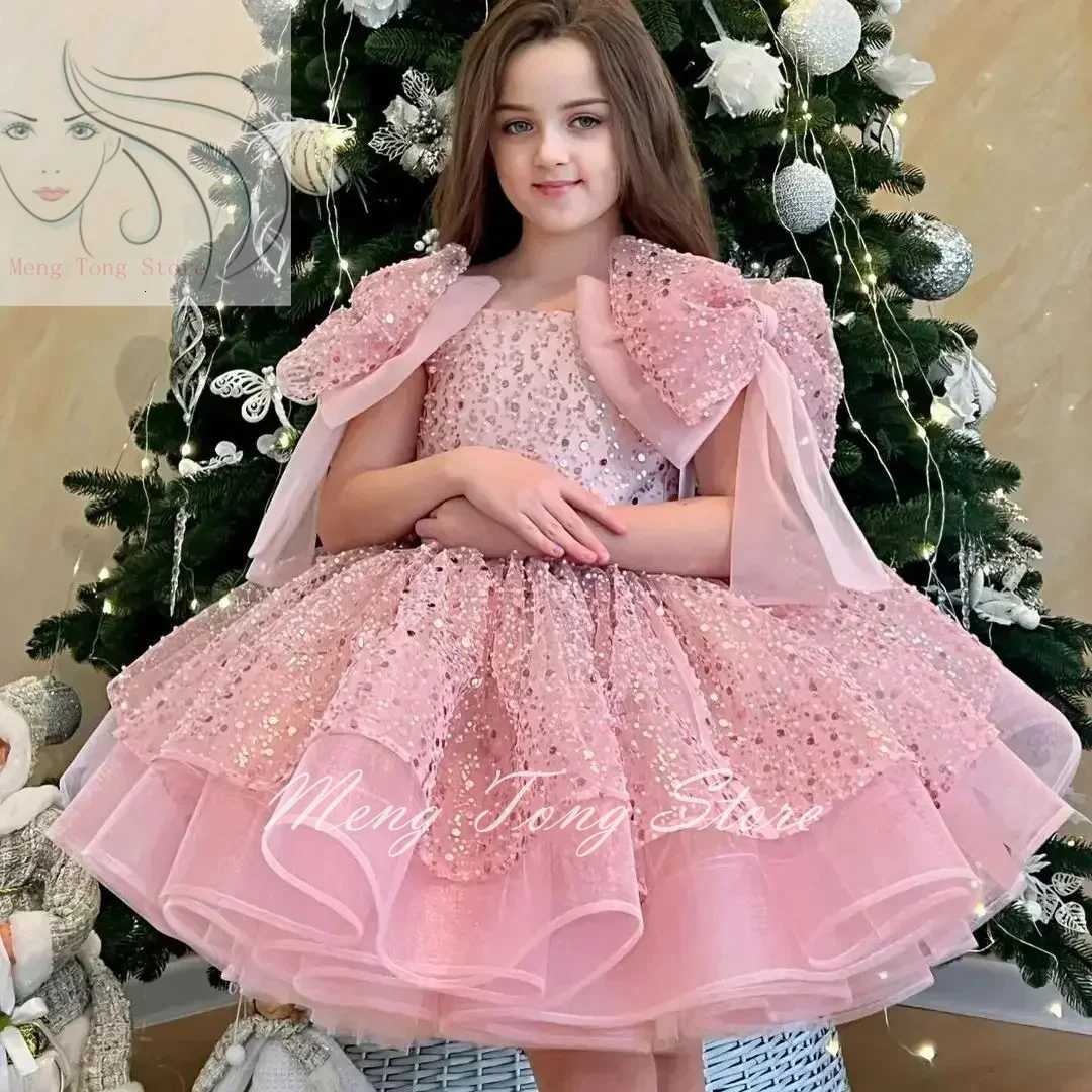 Champagne Flower Girl Dress for Wedding Glitter Shining with Bow Cute Baby Pageant Dress Princess First Communion Ball Gowns W250811