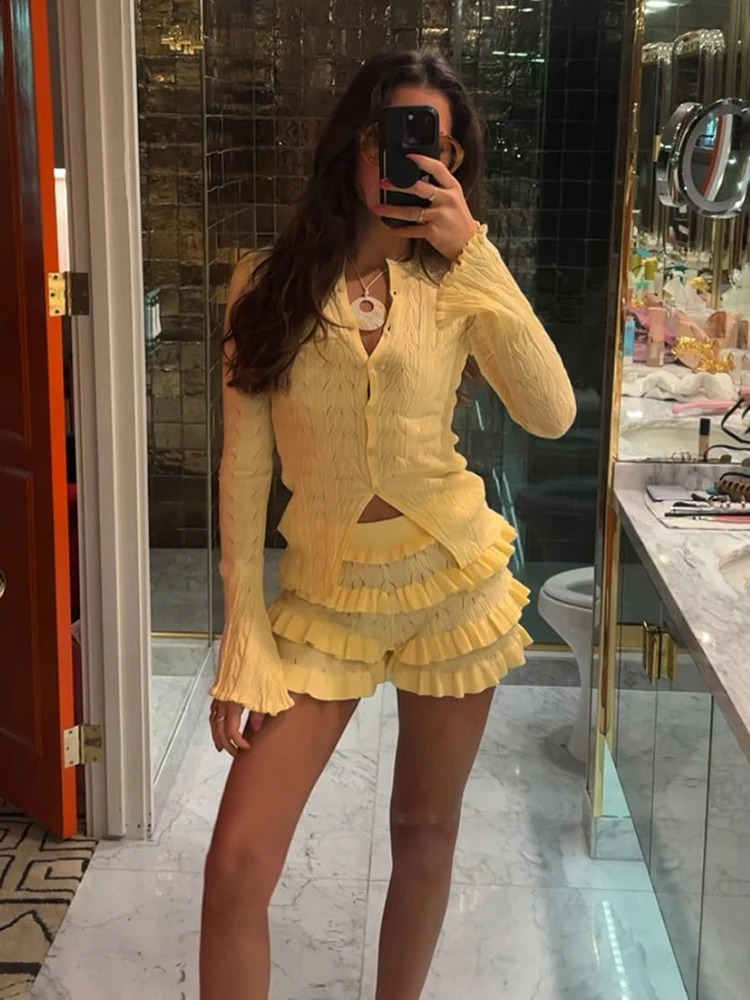 TARXUXY Knitted Cardigan Shorts Suit Womens Long Sleeve Sexy Hollow Top Fashion Slim Shorts Ruffles Splice Female Shorts Sets 250804