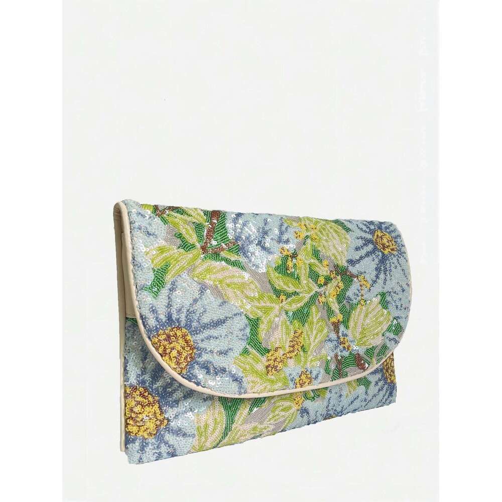 Women's elegant random shiny sequin flower pattern flip large capacity envelope bag, suitable for wedding banquets