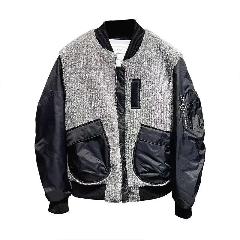 Jacket Mens Winter Thickened Lamb Velvet Stitching Baseball Uniform Loose Pilot Jackets Zipper Long Sleeves Pockets Tops 250809