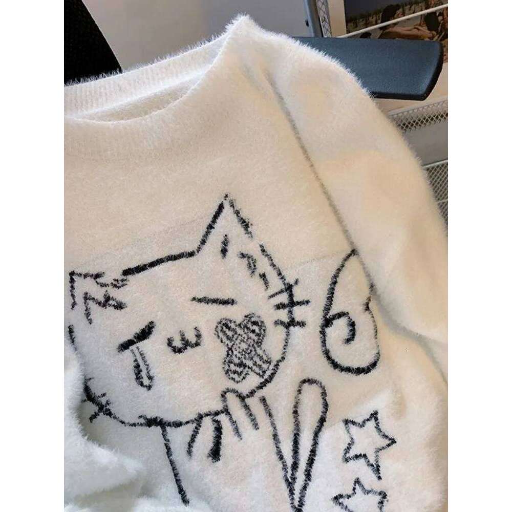 Vintage Preppy Kawaii Cartoon Jacquard Pullovers Sweet Haruku Loose Grunge Jumpers Y2k Aesthetic Women White Knitted Sweaters