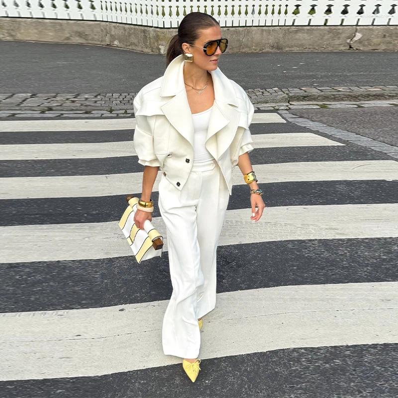 Women's Jackets White 2-piece Suit Coat Set Short-Length Oversized Lapel Blazer Jaket Wide-Leg Pants Simple Elegant Office Wear.Business