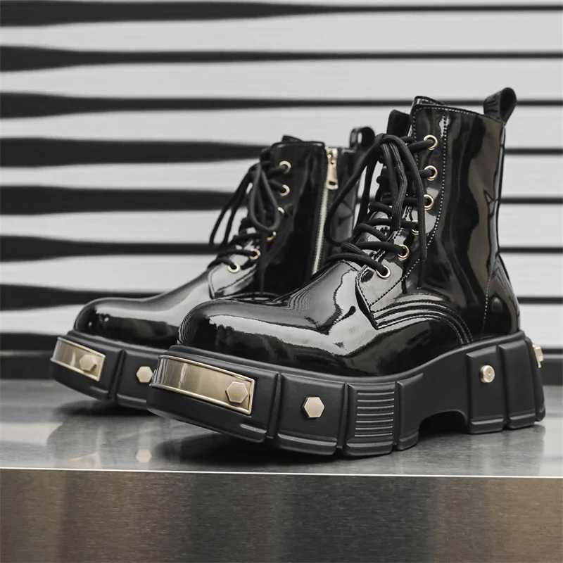 Autumn Men Platform Boots Patent Leather Casual Ankle Boots Metal Male Chunky Sole Flats Sneakers British Party Dress Shoes Size 46 W250811