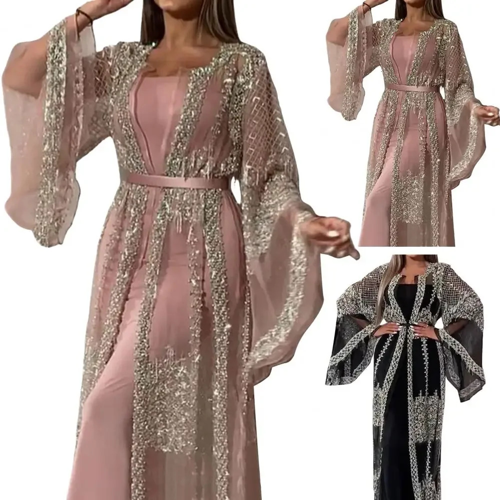 Elegant Women Glitter Flared Long Sleeve Dress Vintage French Evening Party Woman Mesh Patchwork Split Dresses 250811