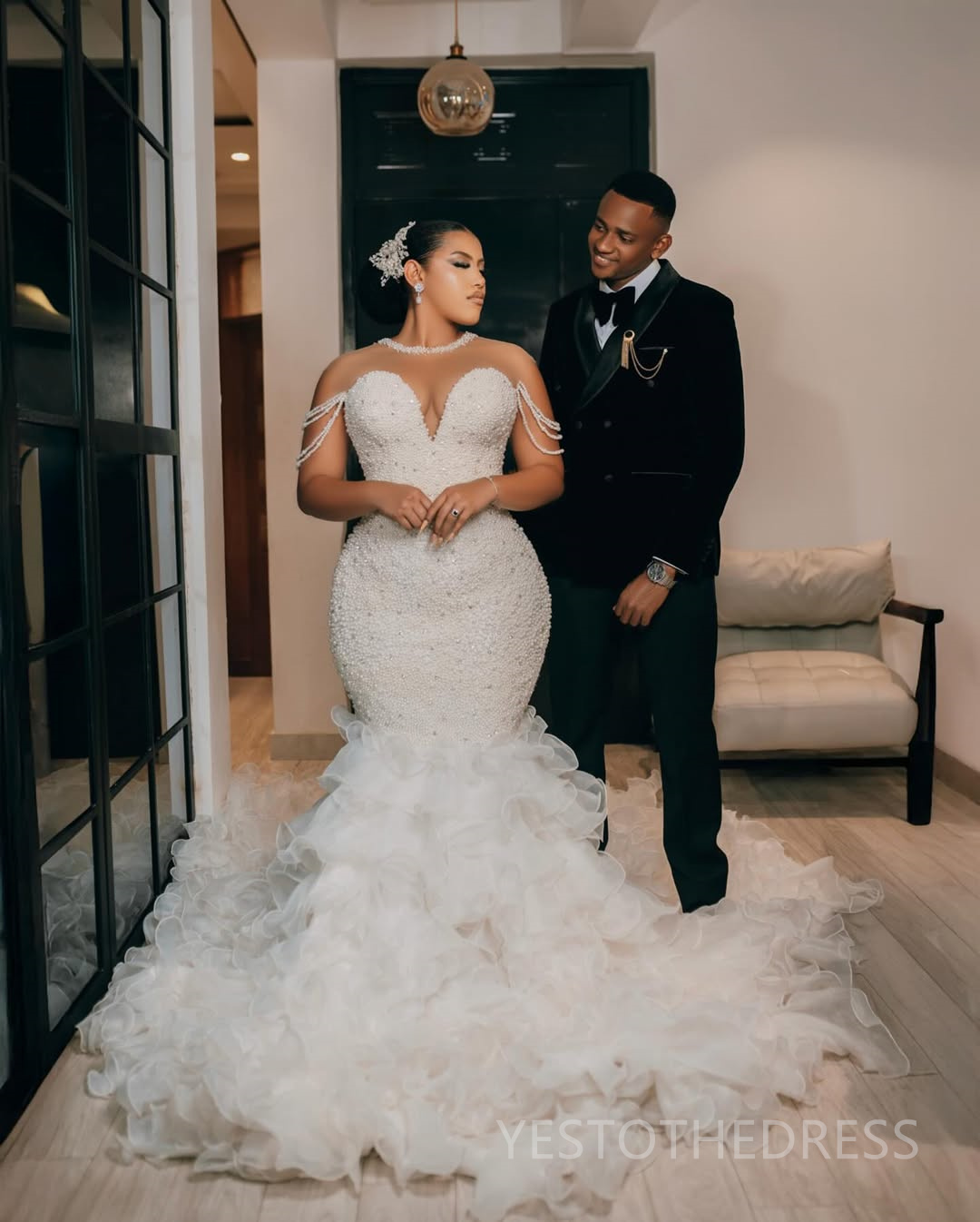 2025 Elegant African Wedding Dress Bridal Gowns For Bride Mermaid Sheer Neck Illusion Long Sleeves Beaded Lace Pearls Tiered Pleat Wedding Gowns For B