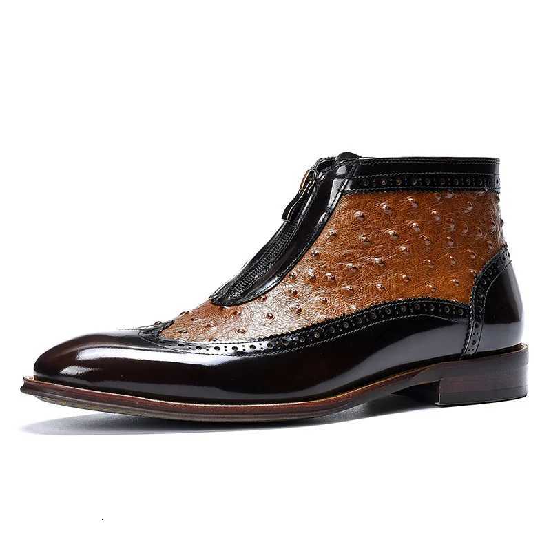 Handmade Ostrich Pattern Brown Men Ankle Boots Genuine Leather Retro Zipper Short Boots High Quality Autumn Winter Men Shoes W250811