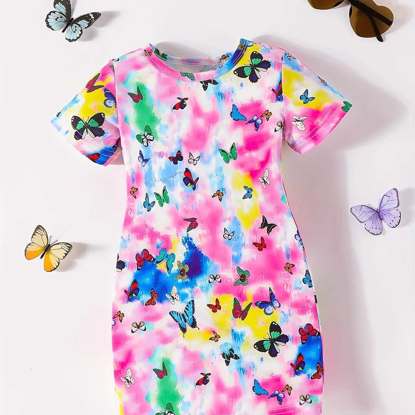 3-14 ya kz ocuk kelebek kk taze 3D baskl ksa kollu elbise rahat ve konforlu parti elbisesi W250811