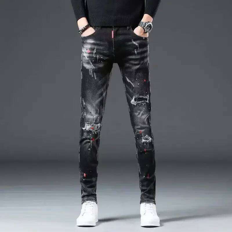 Trousers Ripped Torn Patch Man Cowboy Pants Slim Fit with Holes Men's Jeans Tight Pipe Skinny Broken 2024 Korean Autumn Goth Xs