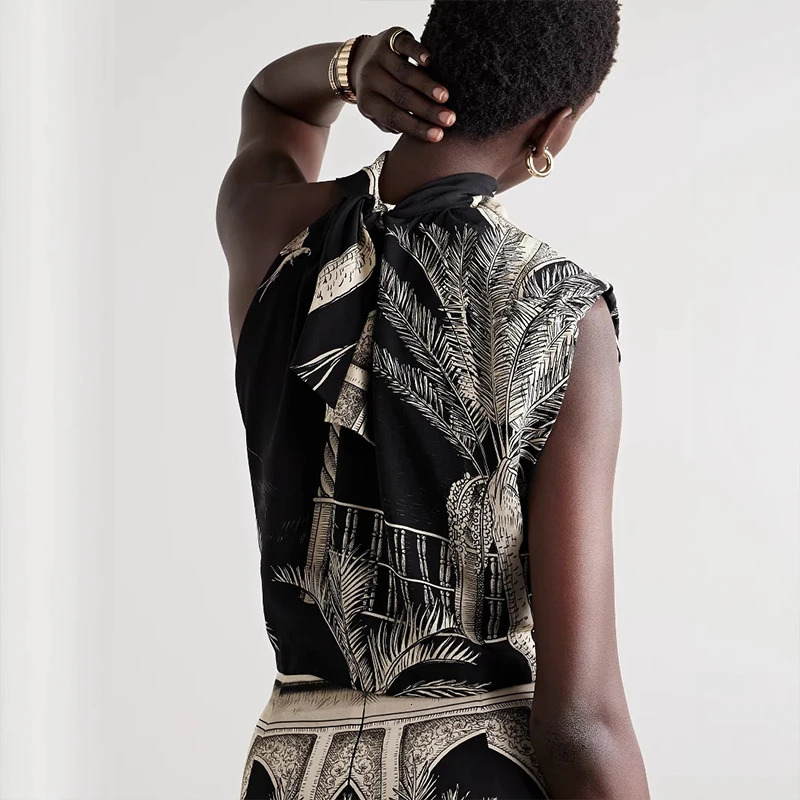 Womens O Neck Sleeveless Top Long Skirt Summer Suit Bohemian Pocket Satin Casual Outfit Leaf Print Loose Beach Two Piece Set 250811