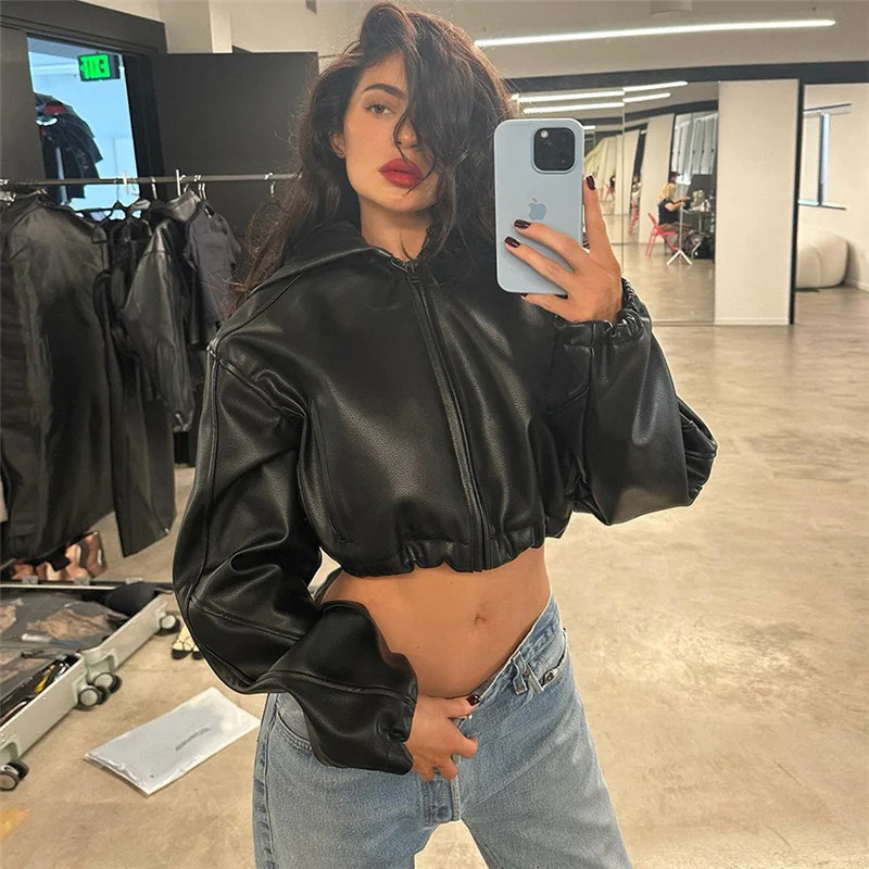 Temperament Autumn Cropped Leather Jacket Women PU Coat Lapel Zipper Hooded Black Streetwear n Short Tops Long Sleeve 250809