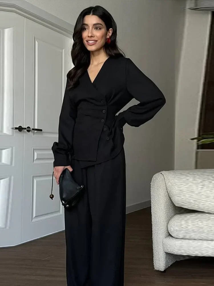 Elegant Vneck Shirt Pants Set Women Slim Button Long Sleeve Top Wide Leg Trousers Lady Suit Casual Chic Female Outfits 250811