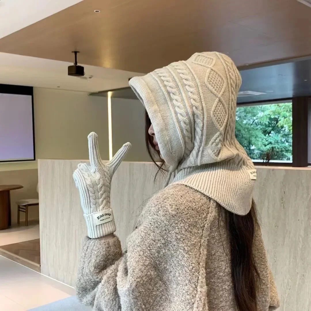 Knitted Balaclava Hat Winter Warm Thicken Cashmere Scarf Set Shawl Split Finger Gloves Wool Pullover Hat Accessories 250808
