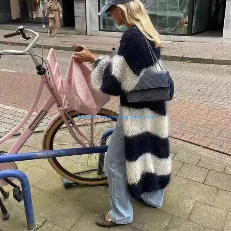 E56A Women Striped Long Cardigan Sweater Coat Open Front Contrast Slouchy Outerwear 250804