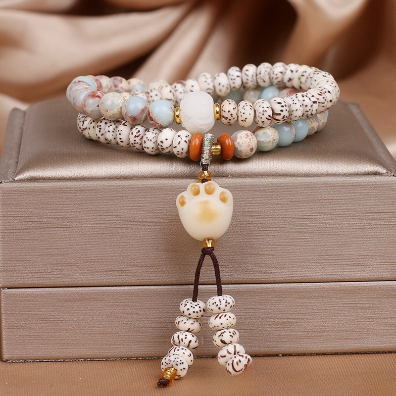 Retro ethnic style temple star moon bodhi double circle carbon coke cat paw pendant bracelet 25811