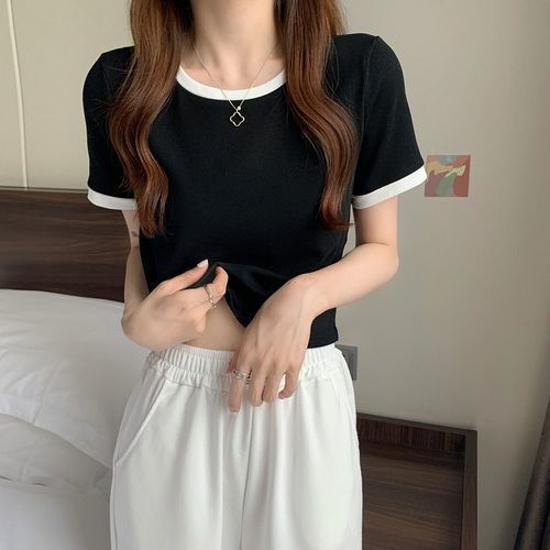 Color Block Round Neck Short Sleeve T Shirt For Women New Summer Base Shirt Korean Style Slim Fit Short Student Top Trendy