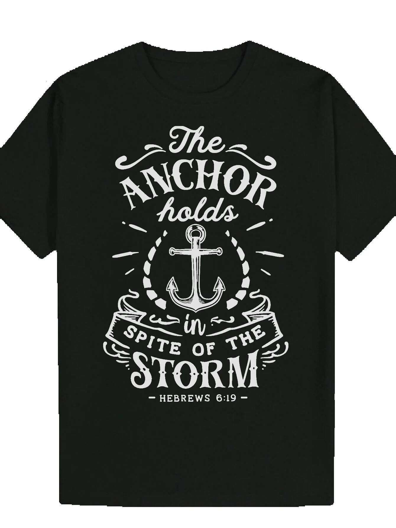 Men's Inspirational Quote - Hebrews 6:19, Black Casual Crew Neck, Polyester Fiber, Summer T-Shirt with Anchor Pattern, Loose Fit T-Shirt|Round Ne