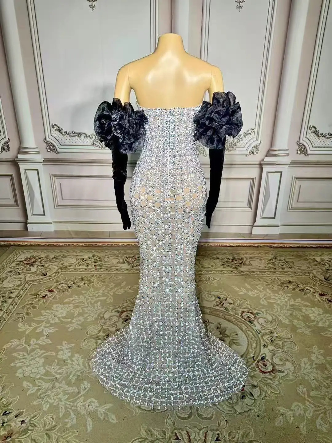 SWEMILE y Sparkly Mermaid Prom Dresses 3D Flowers Long Sleeves Strapless Beaded Diamonds Women Evening Gown Customized 250811