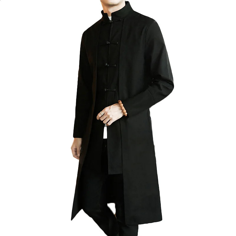 Trench Men two Pieces Cardigan Kimono Male Long Chinese Style Black Vintage Cotton Linen Robe Tai Chi Kung Fu Tang Costume 250805