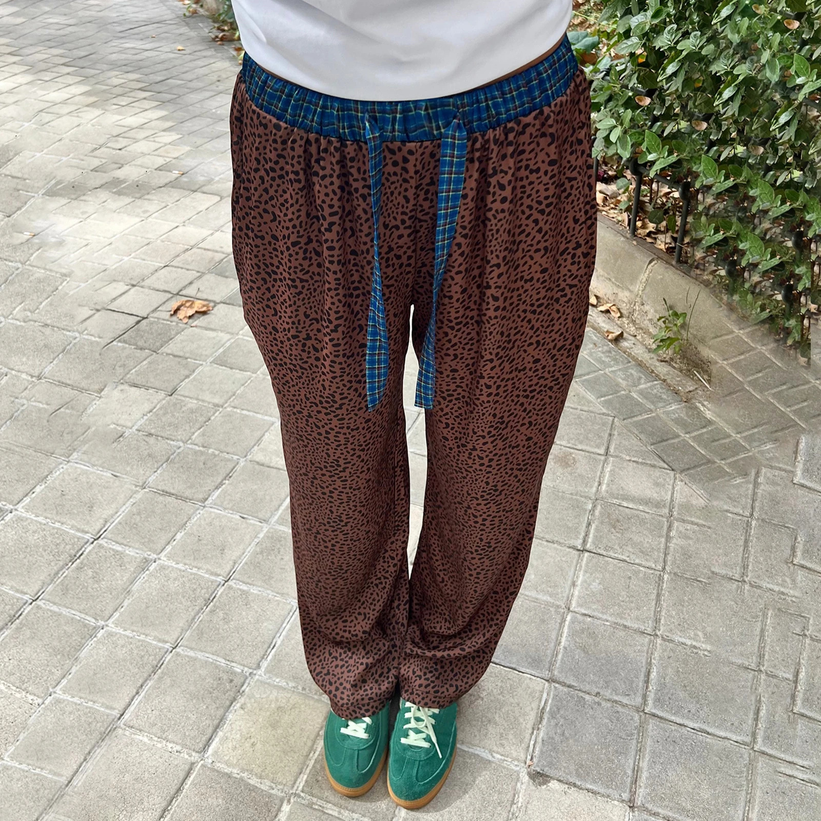 Women Y2k Plaid Wide Leg Pants Loose Elastic Waist Striped Patchwork Lounge Pjs Trouser Vintage Going Out Streetwear 250811