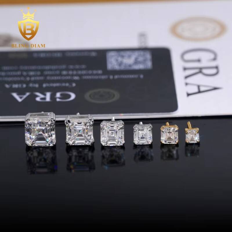 Hot Sale GRA Certificate 4mm-9mm Princess Square Cut Moissanite Diamond Earrings 925 Sterling Silver Hip Hop Stud Earrings Set