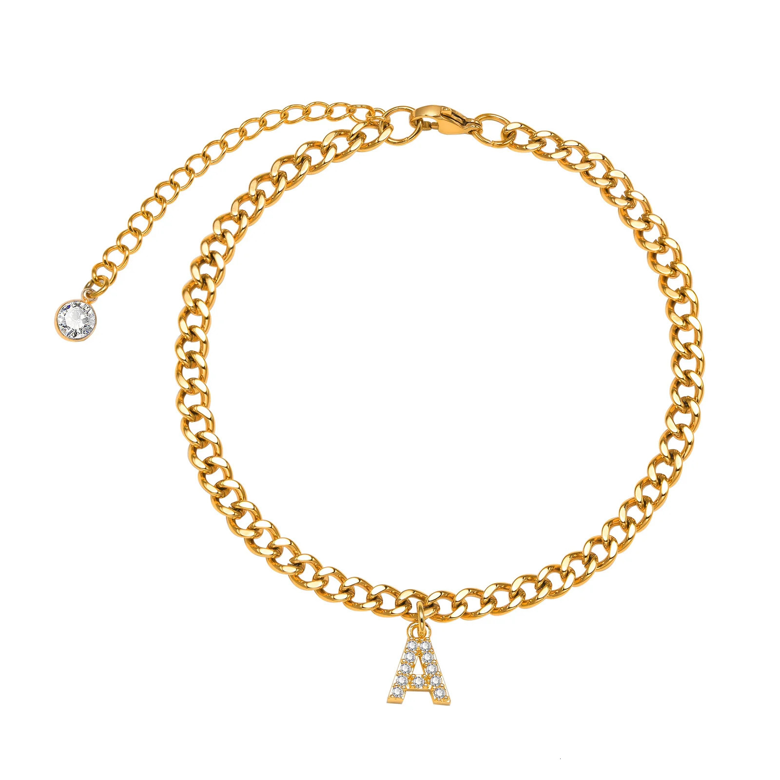 A - Z Cubic Zirconia Intinal Letter Anklet Bracelets for Women Adjustable Stainless Steel Cuban Link Foot Chain Beach Jewelry 250812