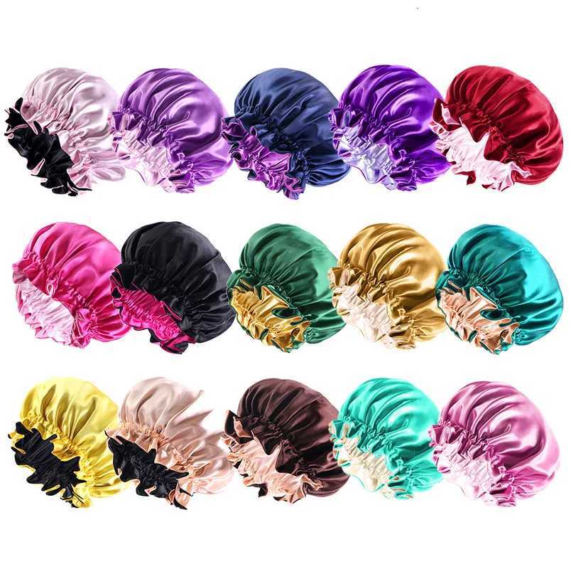 New Solid Elastic Double Layer Satin Bonnet Nightcap Women Night Sleep Hair Protection Hat Reversible Sleeping Hat Hair Care New XJ250812