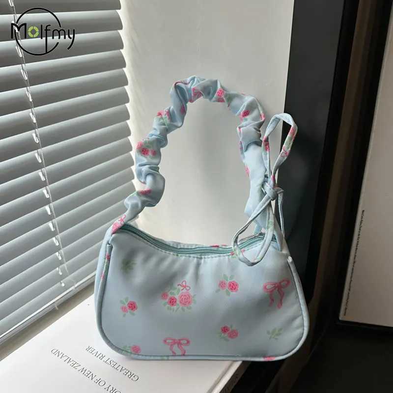 Womens Underarm Bag Summer Canvas Pleated Handlebags Armpit Purse Floral Bow Printed Zipper Tote Handbag Female Y2k Shoulder Bag Z250812