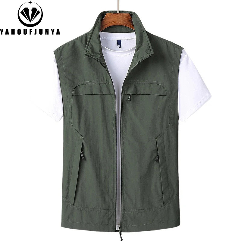 2025 Summer Men Sleeveless Outdoor Leisure Stand Collar Vest Solid Color Breathable Many Pocket Thin Male Waistcoat Top 250805