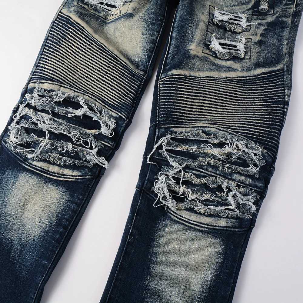 Mens Biker Jeans for Motorcycle Holes Ripped Distressed Patch Pants Stretch Denim Cotton Slim Straight Trousers High Quality X250812