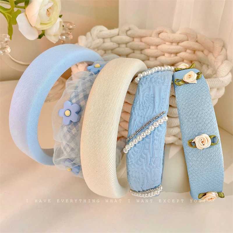 2022 New Gauze Pearl Flower Blue Face Wash Band Retro Womens Fashion Hair Hoop Band Wash Face Hair Accessories X250812