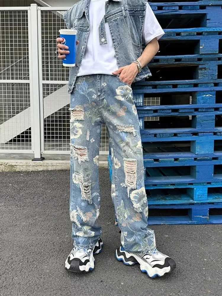 2024 Y2K Streetwear Clothing Flowers Print Ripped Baggy Jeans Pants Men Design Clothes Straight Grunge Denim Trousers Mens Pants X250812